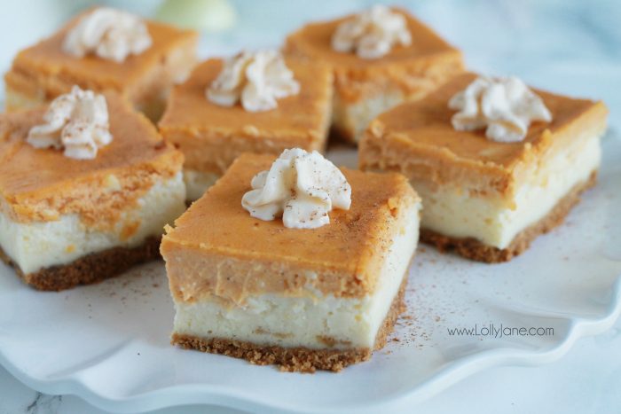 Pumpkin Cheesecake Bars recipe. These pumpkin spice cheesecake bars are so yummy! Full of pumpkin pie spice flavor. Easy fall recipe dessert. Love this baked cheesecake recipe, yum!