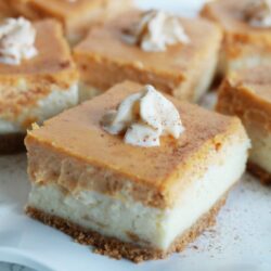 Pumpkin Cheesecake Bars recipe. These pumpkin spice cheesecake bars are so yummy! Full of pumpkin pie spice flavor. Easy fall recipe dessert. Love this baked cheesecake recipe, yum!