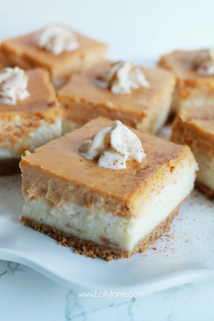 Pumpkin Cheesecake Bars recipe. These pumpkin spice cheesecake bars are so yummy! Full of pumpkin pie spice flavor. Easy fall recipe dessert. Love this baked cheesecake recipe, yum!