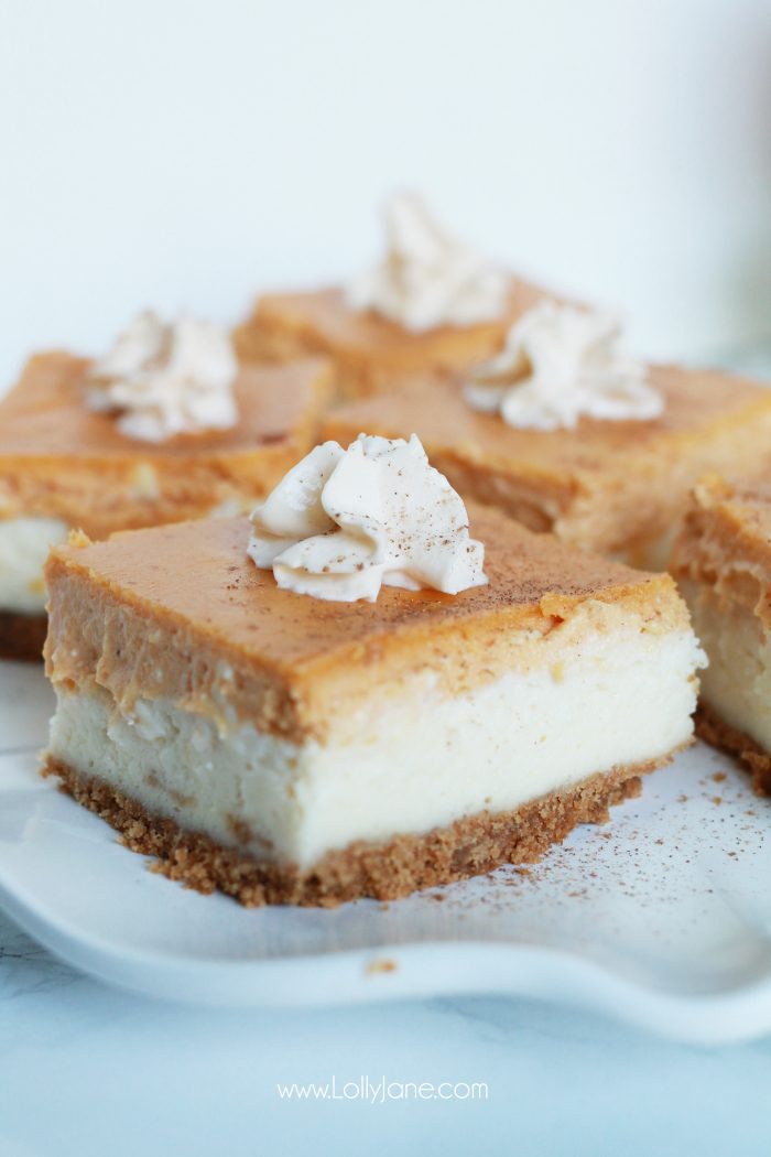 Pumpkin Cheesecake Bars recipe. These pumpkin spice cheesecake bars are so yummy! Full of pumpkin pie spice flavor. Easy fall recipe dessert. Love this baked cheesecake recipe, yum!