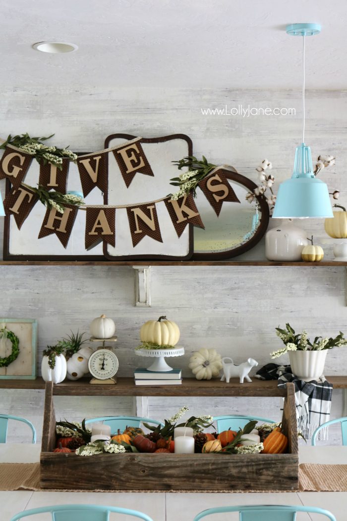 Thanksgiving farmhouse shelves. Love these neutral, fall decor shelves. Easy Thanksgiving mantel decor ideas.