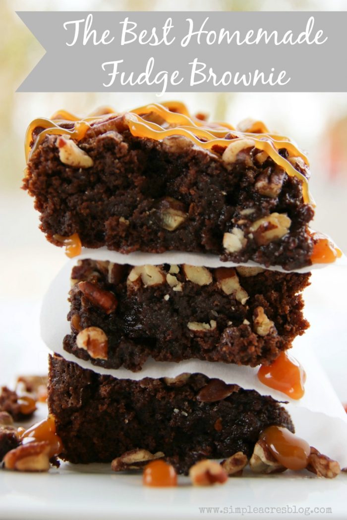 The best homemade fudge brownie. Love these fudge brownies, yum! The caramel pecan brownie toppings are so yummy on these easy fudge brownies!