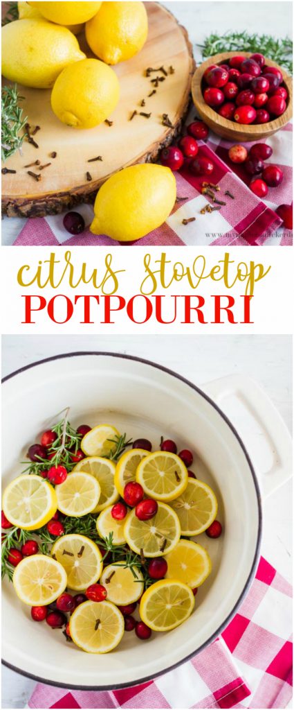 Easy Citrus Holiday Stovetop Potpourri recipe. Fill your home with the yummy smells of the holidays! Love this natural air freshener to spice up your holiday by simmering these simple ingredients.
