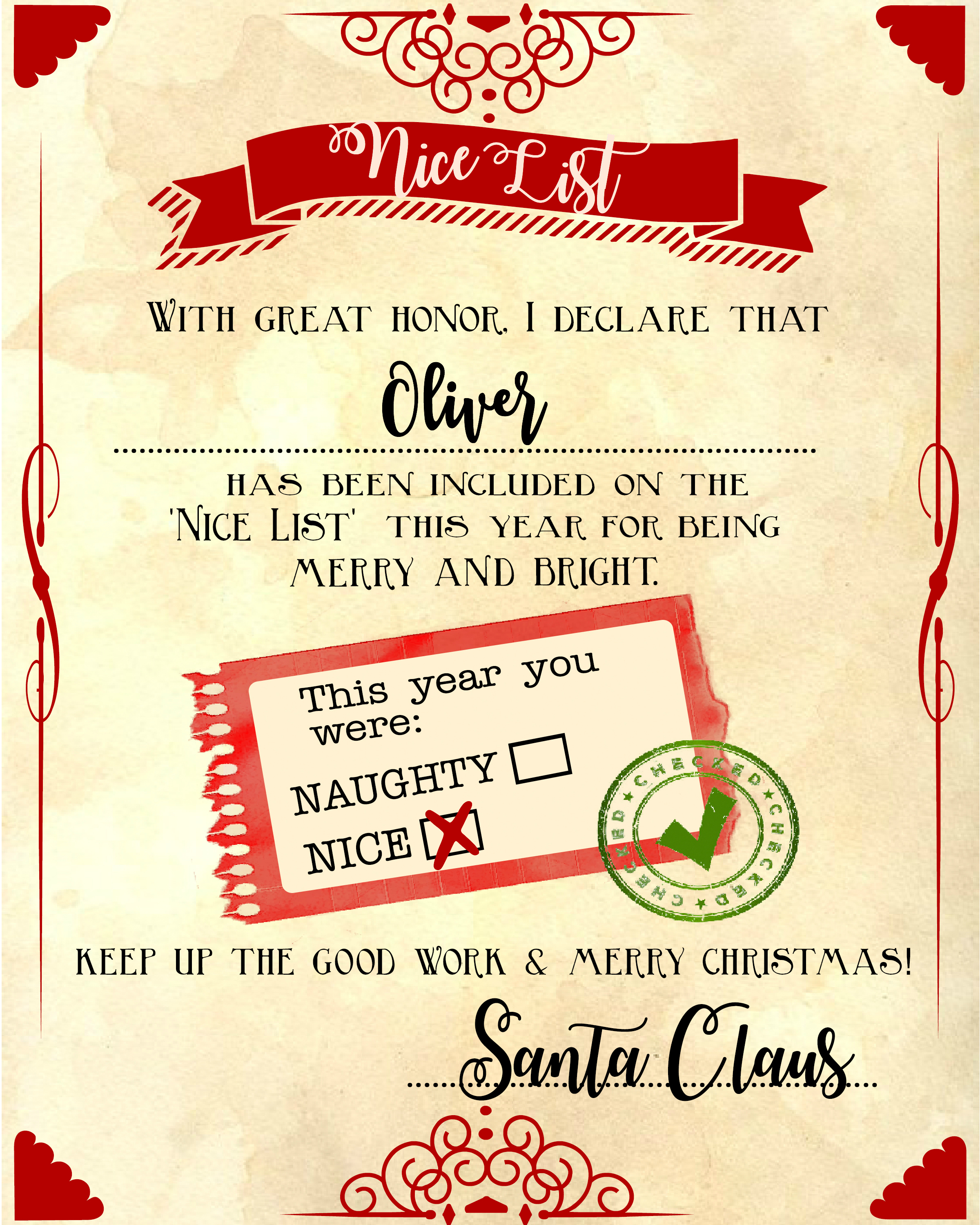 1 X PERSONALISED SANTA'S OFFICIAL NICE LIST CERTIFICATE RED SNOWFLAKES 