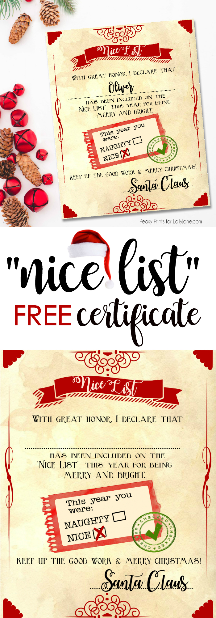 Santa "nice list" free printable certificate