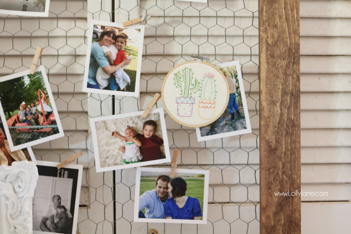 Love this easy to build rustic photo display. Such a cute way to share pictures! Cute chickenwire frame idea