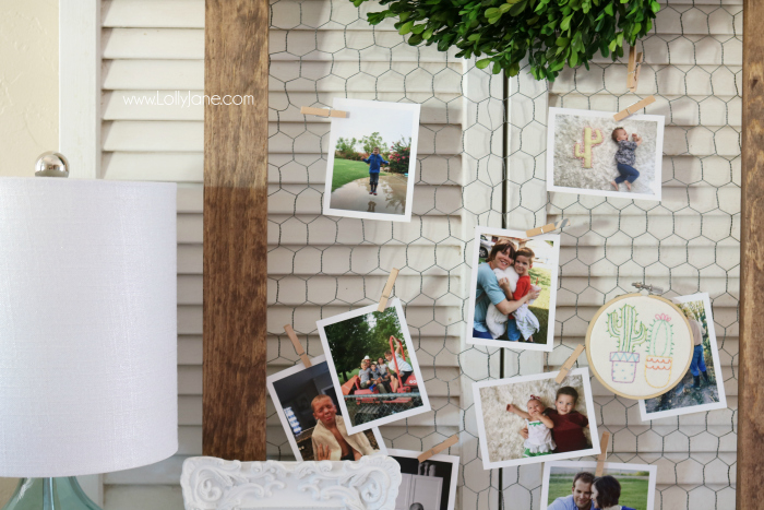 Love this easy to build rustic photo display. Such a cute way to share pictures! Cute chicken wire frame idea to display pictures!