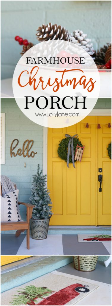 Farmhouse Christmas porch decor. Easy ways to bring a little farmhouse charm to the outdoors. Love the olive buckets and fresh boxwood wreaths.