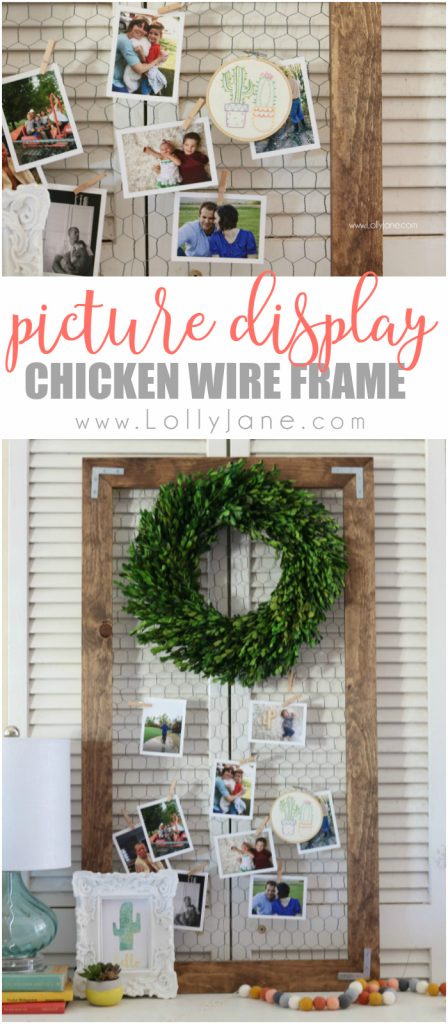 Love this easy to build rustic photo display. Such a cute way to share pictures! Cute chicken wire frame idea to display pictures!