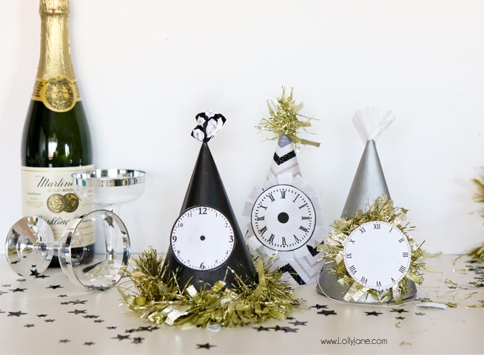 Paint dollar store party hats for EASY and cheap glam New Years Eve party gear! Cute!