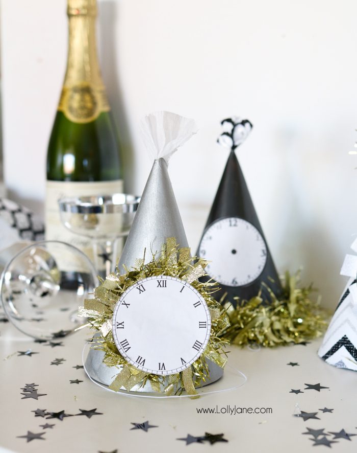 Paint or wrap fabric around dollar store party hats for EASY and cheap glam New Years Eve party gear! Cute!