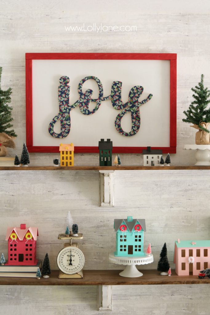 DIY wood cutout sign tutorial. Learn how to cover a wood cutout with paper the proper way then mount to a sign! Such an easy to follow sign tutorial. Love this diy sign. Cute joy sign!