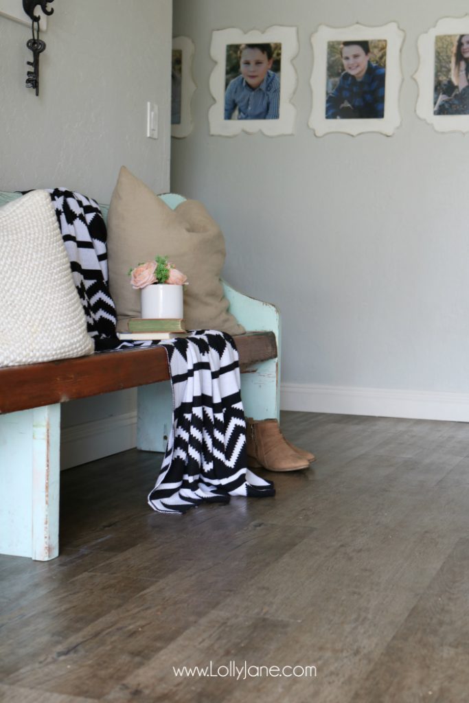 Love these vinyl floors from @GoHaus. They look great in my farmhouse style home! Adore this entryway wall decor too.