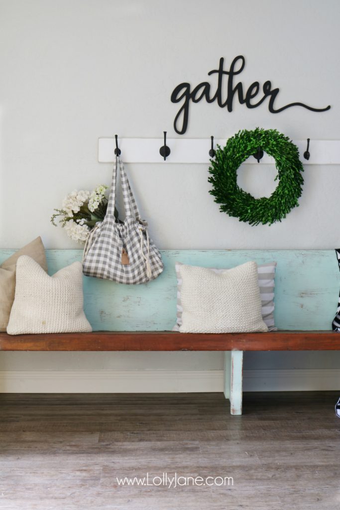 Love these vinyl floors from @GoHaus. They look great in my farmhouse style home! Adore this farmhouse entrway and gather wood cutout too!