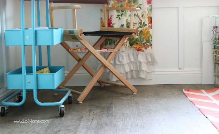 Love these vinyl floors from @GoHaus. They look great in my farmhouse style home! Adore this colorful craft room with neutral and durable floors.