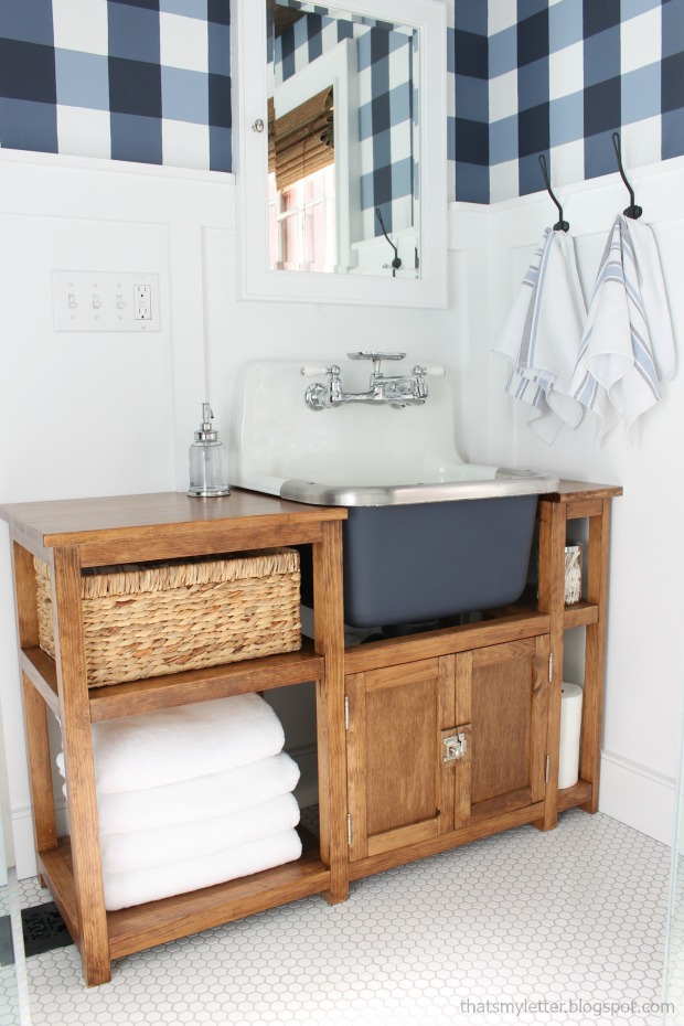 DIY Wall Sink Vanity... and that buffalo check wall?! I die! ALL done herself, love this site!