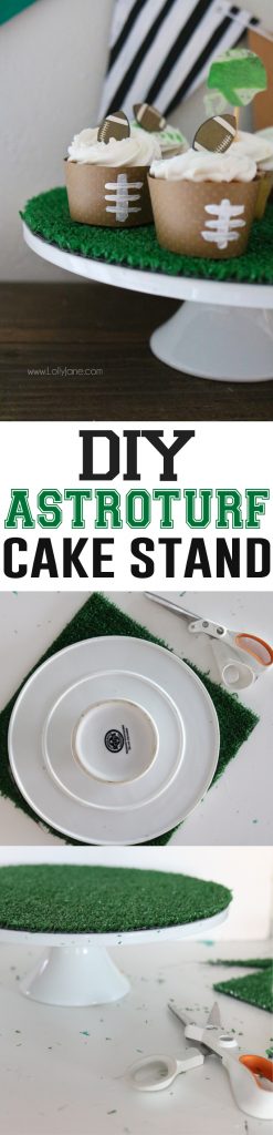 DIY Astroturf Cake Stand... perfect for game day treats or cupcakes or a cake! Make this in less than one minute!