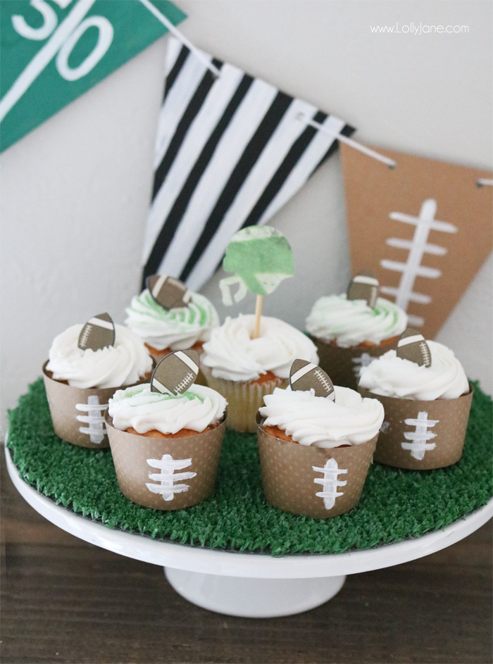  Easy Football decorations to make for Game Day! From football cupcake wrappers to an astro turf cake stand and football pennant, simple crafts you can make with the kids!
