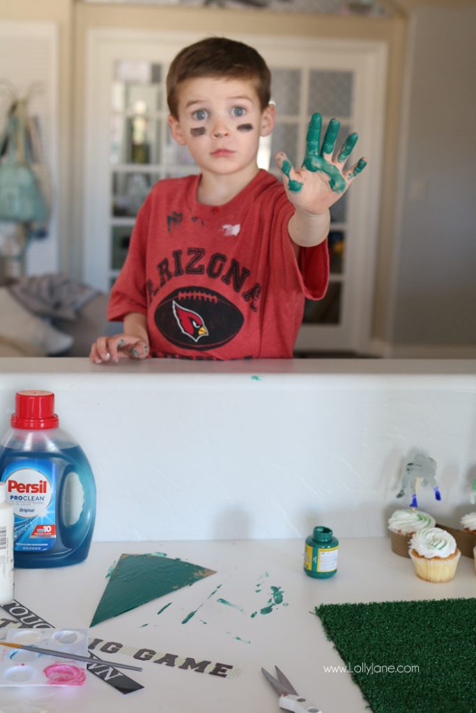 Clean up from messy Game Day crafts are a cinch to clean up with the power of Persil ProClean! (Click the picture to see how to make this cute Astro Turf Cake Stand & adorable Football Bunting!)