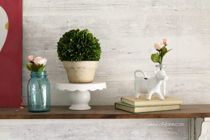 Valentine's Day shelves. Love the pink and aqua Valentine's Day mantel. Simple VDay decor ideas!