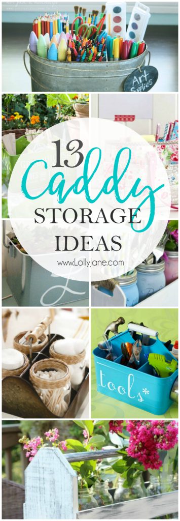 13 caddy storage ideas. Don't pass up those cute enamel bins, lots of ways to organize! Like to build? Click through to some easy DIY caddy tutorials!