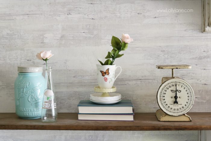 Valentine's Day shelves. Love the pink and aqua Valentine's Day mantel. Simple VDay decor ideas!