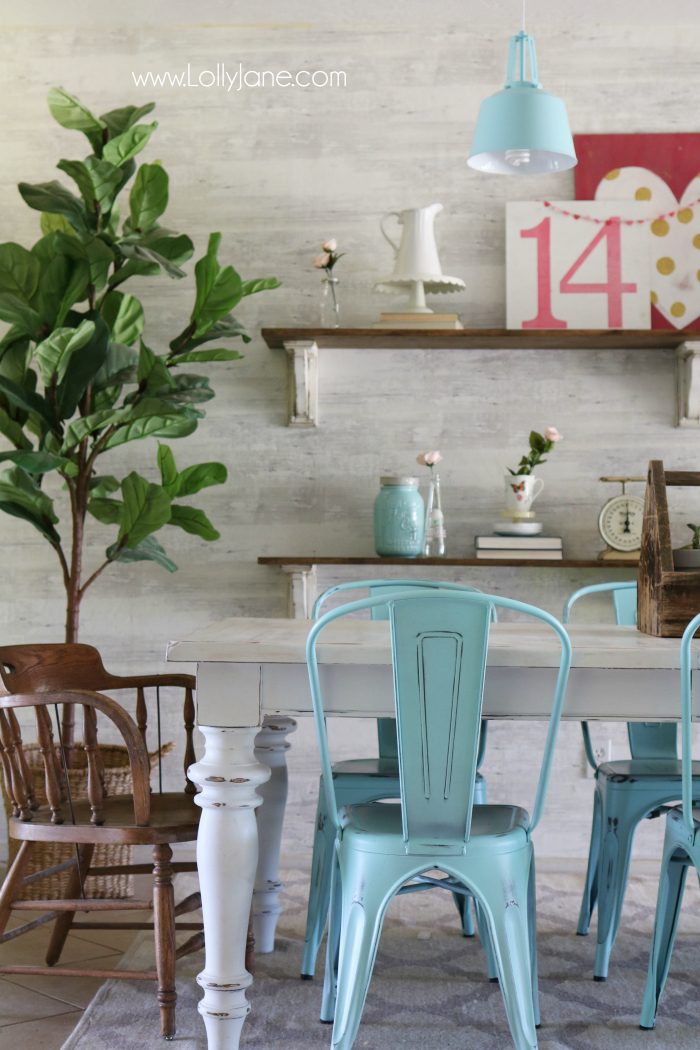 Valentine's Day shelves. Love the pink and aqua Valentine's Day mantel. Simple VDay decor ideas!