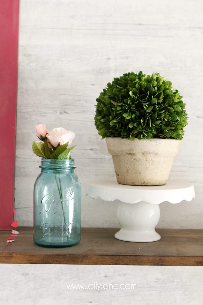 Valentine's Day shelves. Love the pink and aqua Valentine's Day mantel. Simple VDay decor ideas!