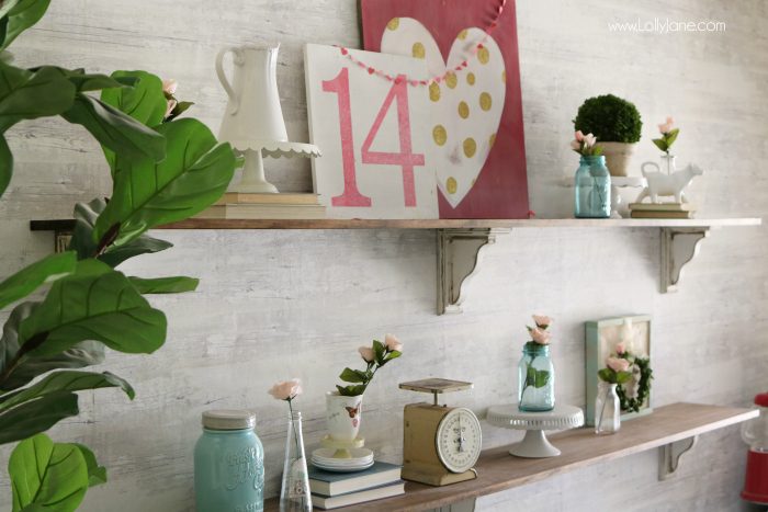 Valentine's Day shelves. Love the pink and aqua Valentine's Day mantel. Simple VDay decor ideas!