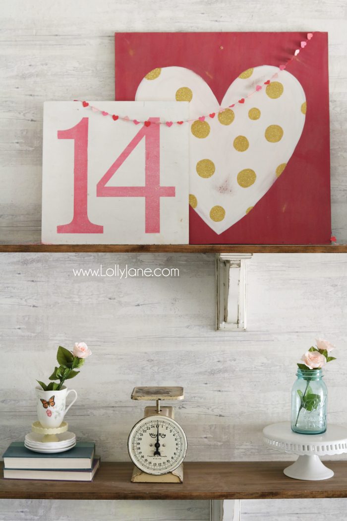 Valentine's Day shelves. Love the pink and aqua Valentine's Day mantel. Simple VDay decor ideas!