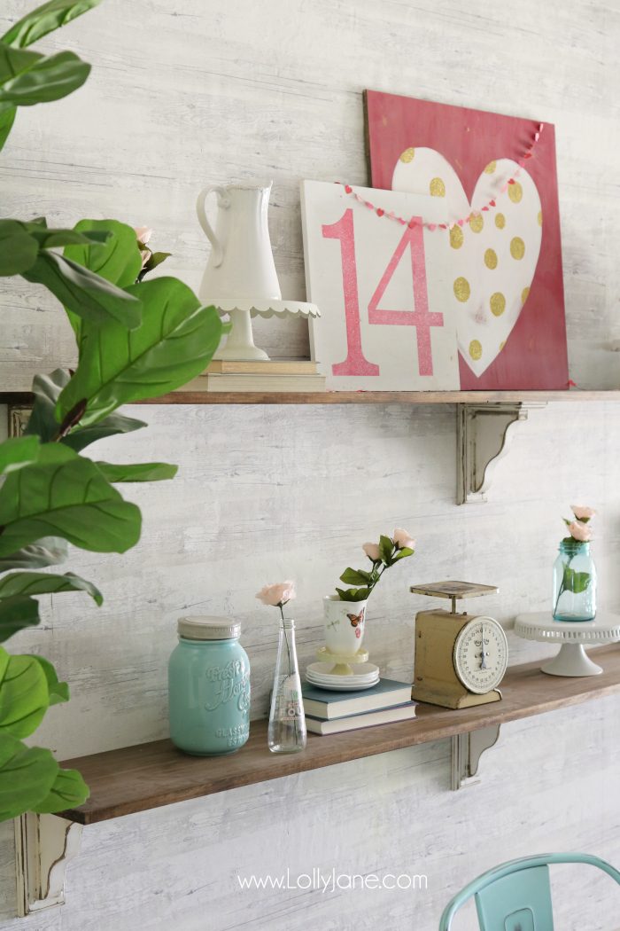 Valentine's Day shelves. Love the pink and aqua Valentine's Day mantel. Simple VDay decor ideas!