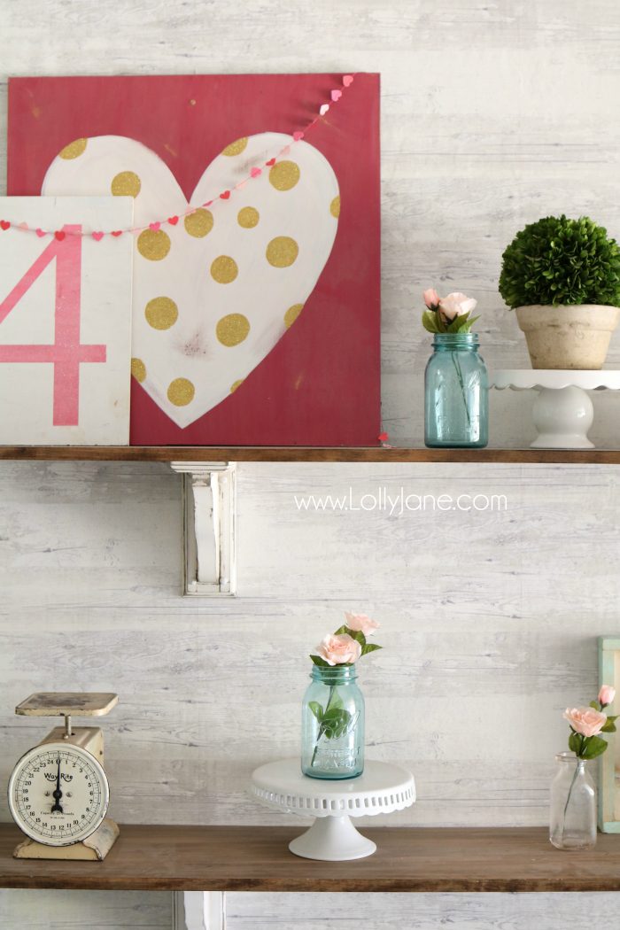 Valentine's Day shelves. Love the pink and aqua Valentine's Day mantel. Simple VDay decor ideas!