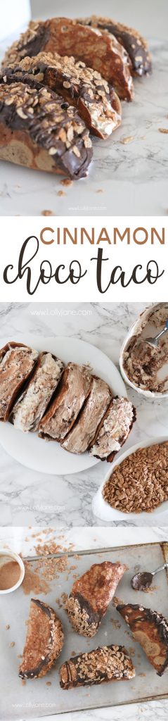 Easy Cinnamon Choco Tacos, made with Cinnamon Pebbles and ice cream topped with cinnamon, so good!