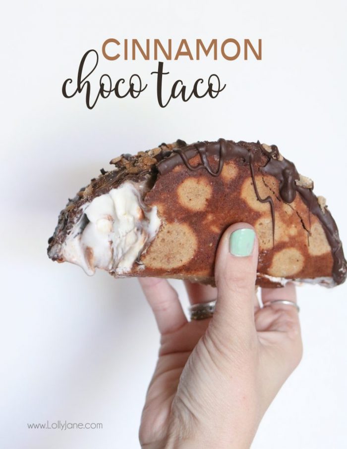 Easy Cinnamon Choco Tacos, made with Cinnamon Pebbles and ice cream topped with cinnamon, so good!