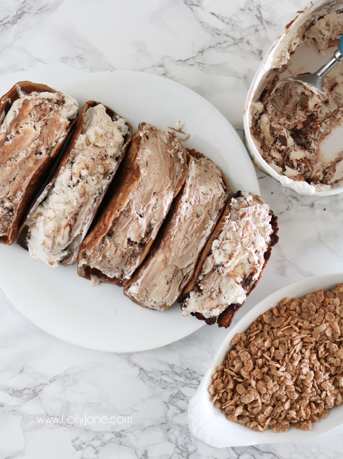 Easy Cinnamon Choco Tacos, made with Cinnamon Pebbles and ice cream topped with cinnamon, so good!