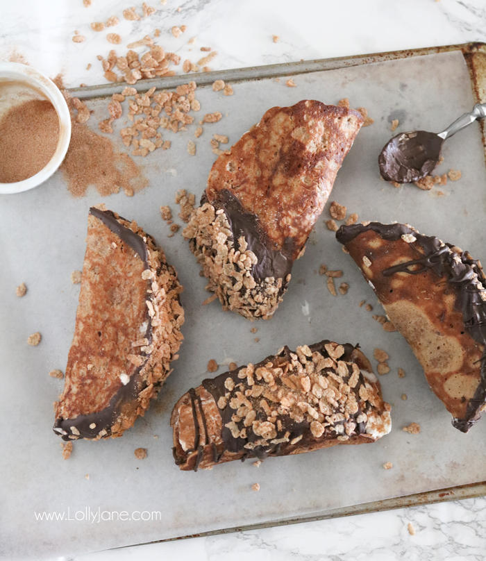 Easy Cinnamon Choco Tacos, made with Cinnamon Pebbles and ice cream topped with cinnamon, so good!