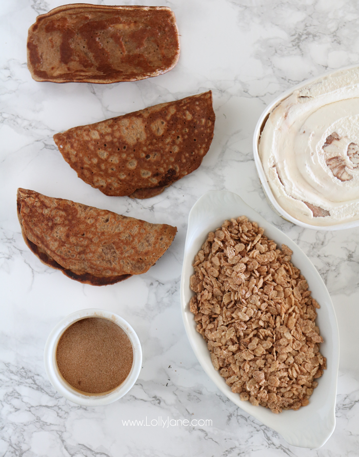 Easy Cinnamon Choco Tacos, made with Cinnamon Pebbles and ice cream topped with cinnamon, so good!