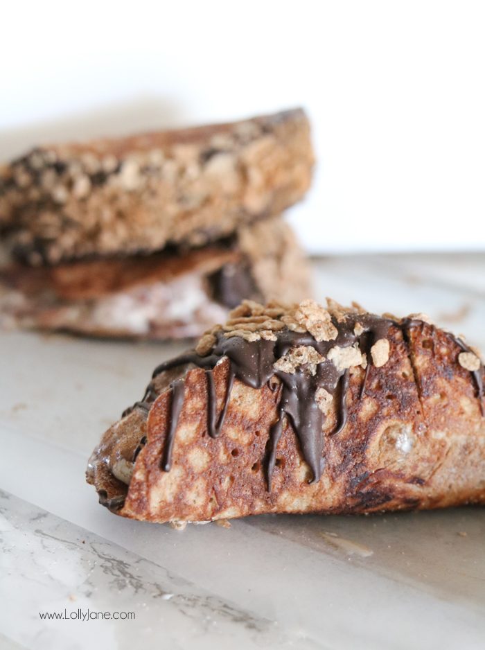 Easy Cinnamon Choco Tacos, made with Cinnamon Pebbles and ice cream topped with cinnamon, so good!