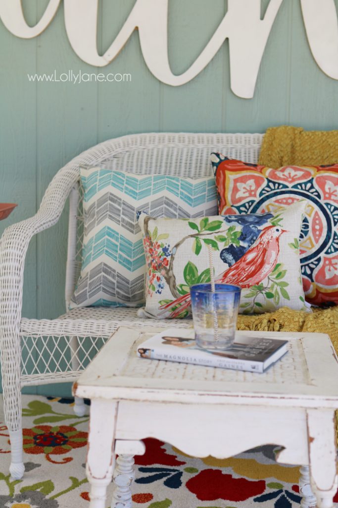 Love these affordable patio porch decor ideas! Add a neutral bench then fill it up with accessories for some easy decor ideas. Click through for inexpensive sources, so easy to create this back porch look!