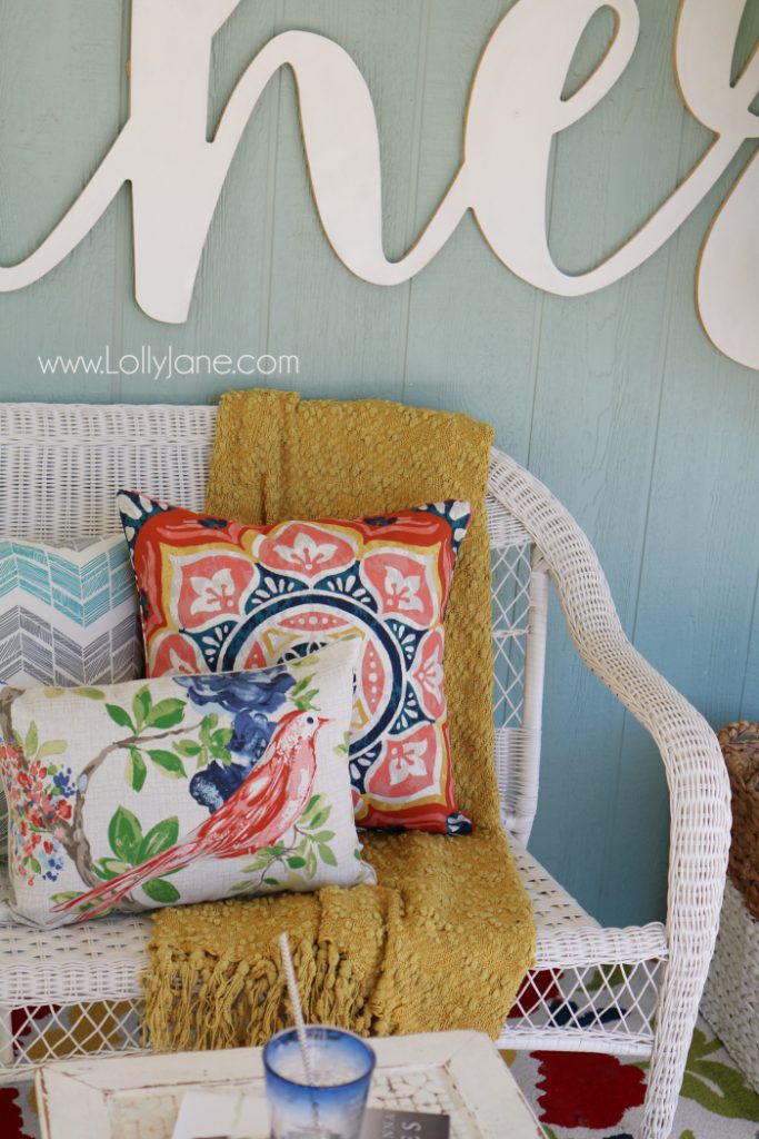 Love these affordable patio porch decor ideas! Add a neutral bench then fill it up with accessories for some easy decor ideas. Click through for inexpensive sources, so easy to create this back porch look!