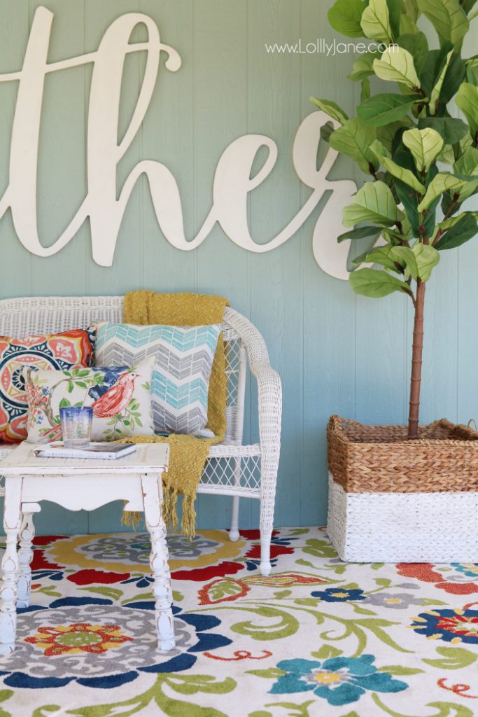 Love these affordable patio porch decor ideas! Add a neutral bench then fill it up with accessories for some easy decor ideas. Click through for inexpensive sources, so easy to create this back porch look!