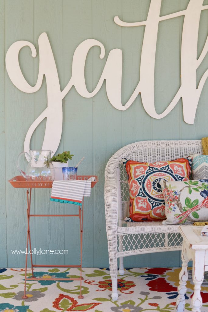 Love these affordable patio porch decor ideas! Add a neutral bench then fill it up with accessories for some easy decor ideas. Click through for inexpensive sources, so easy to create this back porch look!