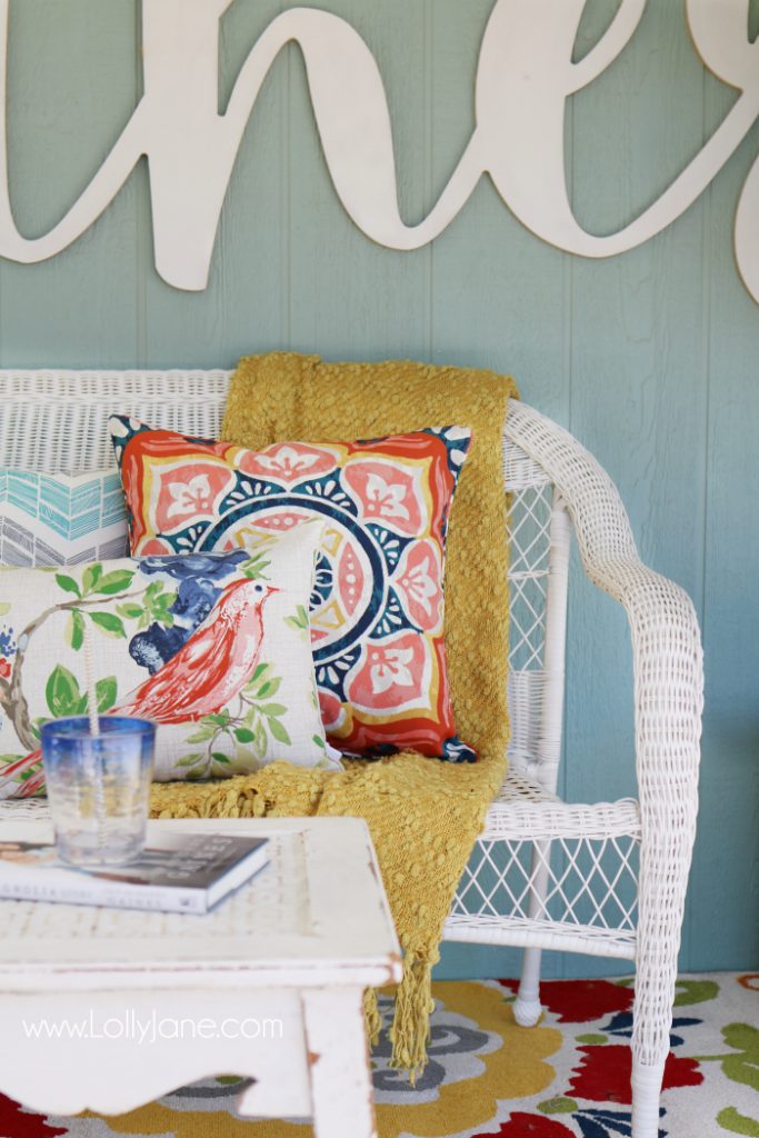 Love these affordable patio porch decor ideas! Add a neutral bench then fill it up with accessories for some easy decor ideas. Click through for inexpensive sources, so easy to create this back porch look!