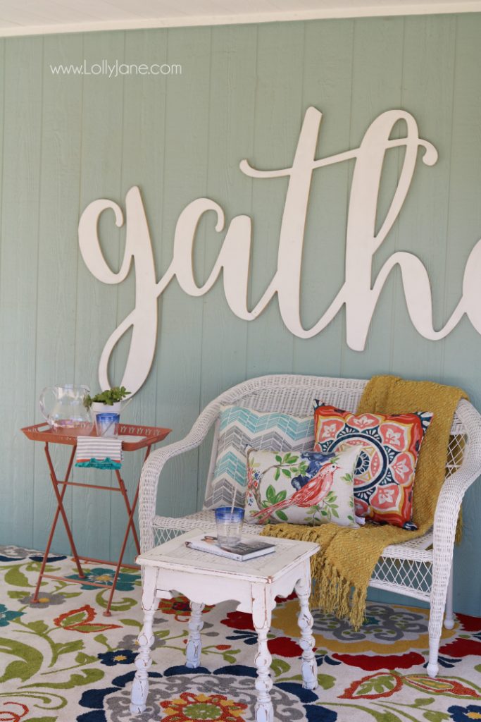 Love these affordable patio porch decor ideas! Add a neutral bench then fill it up with accessories for some easy decor ideas. Click through for inexpensive sources, so easy to create this back porch look!