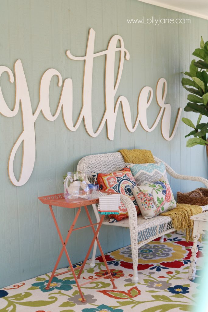 Love these affordable patio porch decor ideas! Add a neutral bench then fill it up with accessories for some easy decor ideas. Click through for inexpensive sources, so easy to create this back porch look!