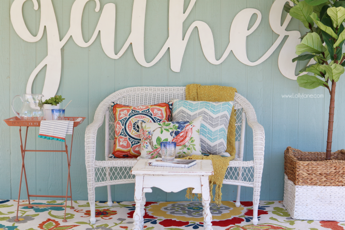Love these affordable patio porch decor ideas! Add a neutral bench then fill it up with accessories for some easy decor ideas. Click through for inexpensive sources, so easy to create this back porch look!