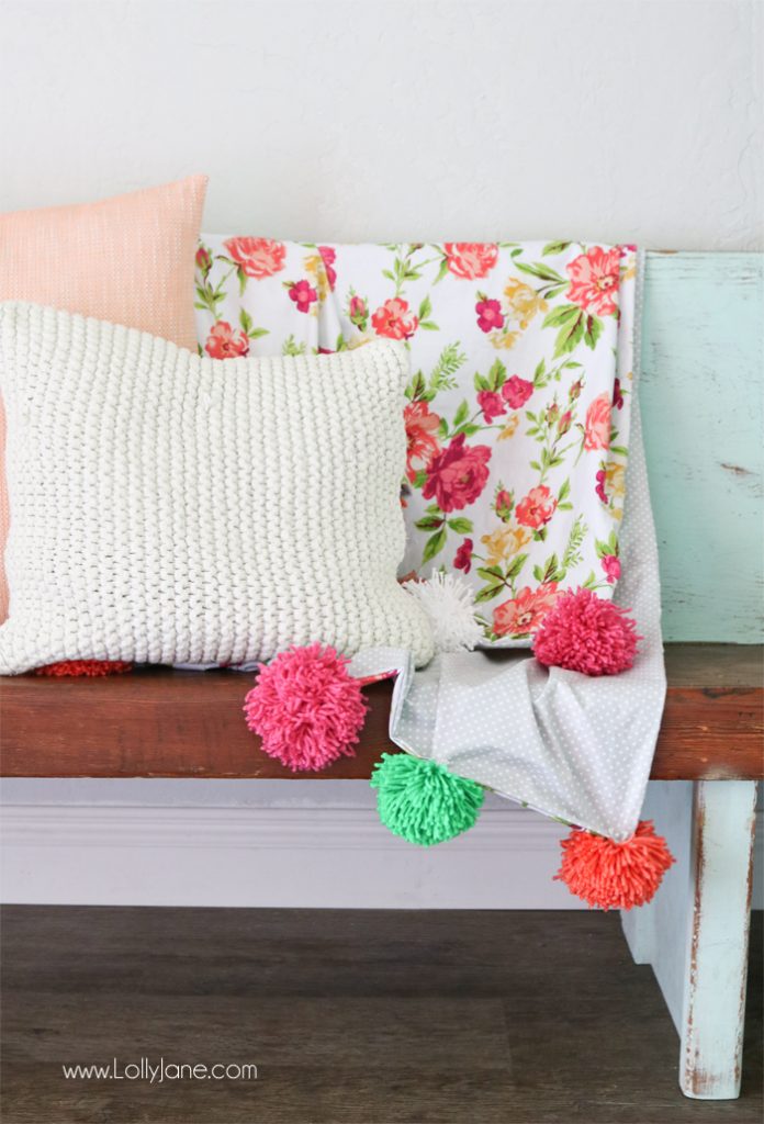 DIY Pom Pom Throw Blanket, so easy and CUTE! Great tutorial for sewers of any level!