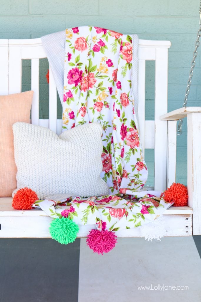 DIY Pom Pom Throw Blanket, so easy and CUTE! Great tutorial for sewers of any level!