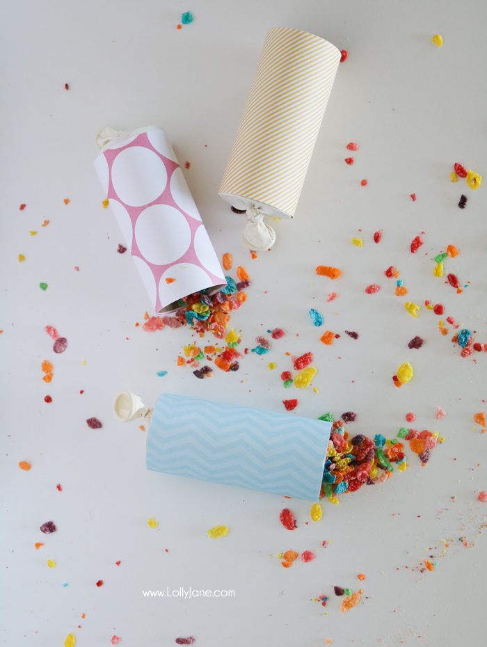 Easy party poppers for ANY celebration made from toilet paper rolls and colorful cereal! Great for outdoor parties, let the birds enjoy OR use glitter, pom poms, rice or other fun fillers!