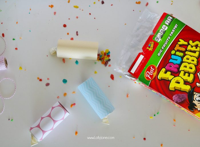 Easy party poppers for ANY celebration made from toilet paper rolls and colorful cereal! Great for outdoor parties, let the birds enjoy OR use glitter, pom poms, rice or other fun fillers!